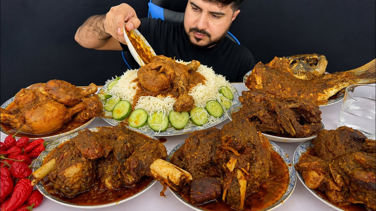 ASMR; Eating Spicy Chicken Legs Spicy Mutton Nulli Curry Spicy Fish Curry with Rice Red Whole Chilli