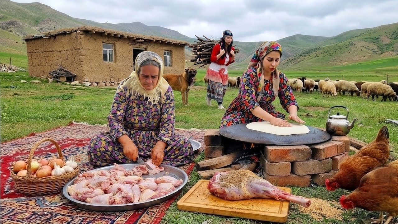IRAN village life| cooking lamb leg,chickens and vegetables in rustic 