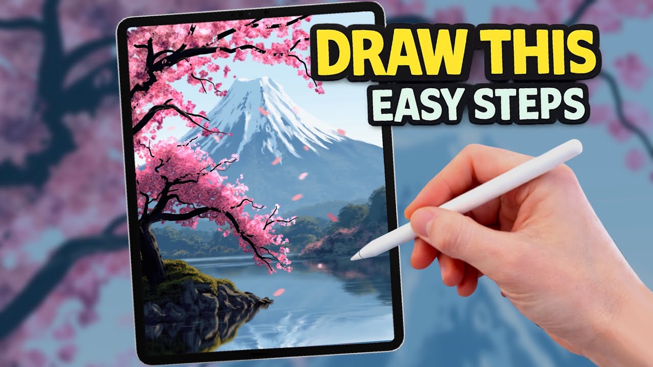 PROCREATE Mount Fuji Spring landscape Drawing Tutorial in EASY STEPS