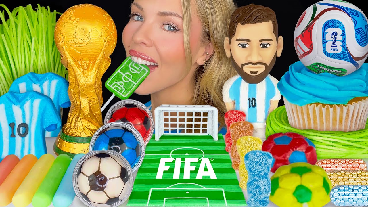 ASMR MUKBANG, FIFA World Cup Food, Lionel Messi, Edible Gold Trophy, Football Candy, Edible Grass 먹방