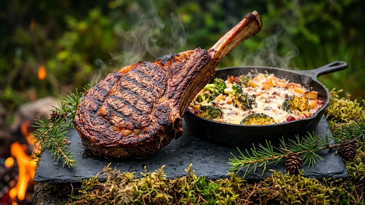 Caveman TOMAHAWK Steak on HOT Coals & Creamy Potatoes | Deep Forest Feast