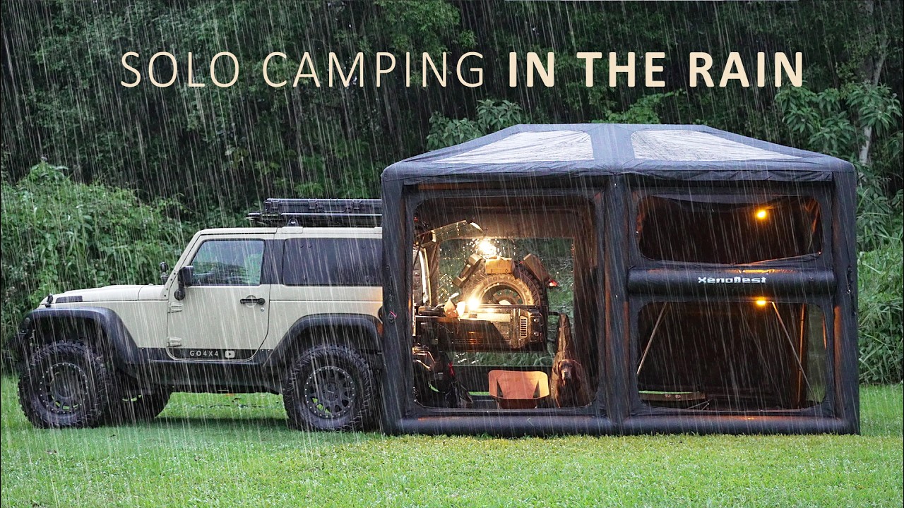 SOLO Camping in HEAVY RAIN [ Giant 2 STORY TENT shelter, Cosy Comfort, relaxing ASMR ]