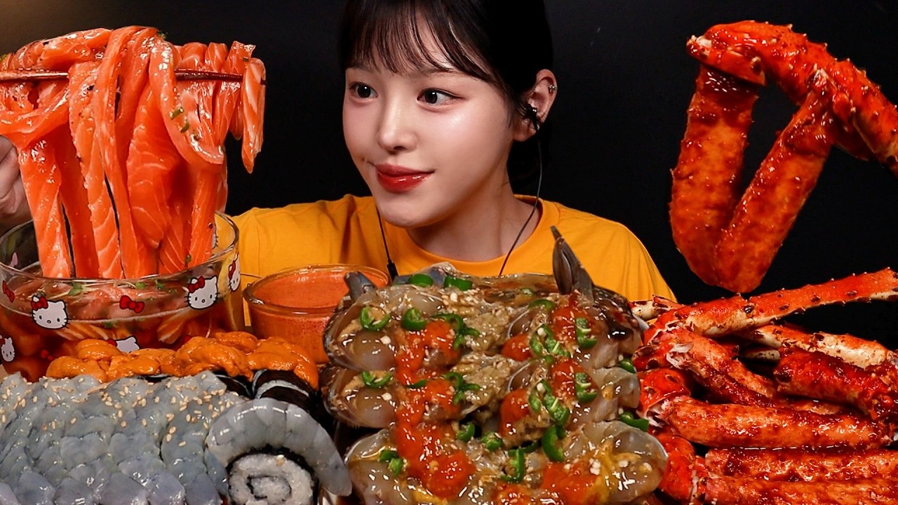 SUB)먹고싶은 거 다 먹는 돼지파티 해산물편!🦀불닭 킹크랩에 간장게장 연어국수 생새우 먹방🔥소금김밥까지 역대급 레전드 Seafood Mukbang Asmr