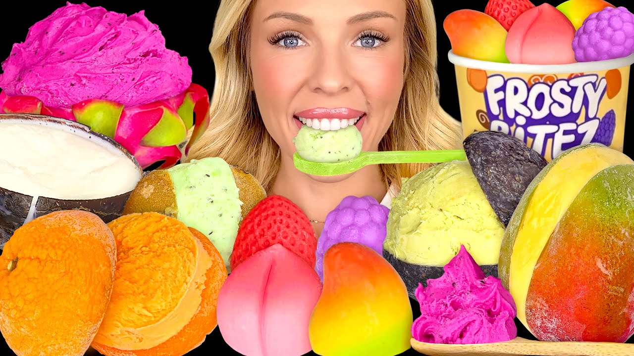 ASMR MUKBANG, Viral Frozen Fruit Ice Cream, Dragon Fruit, Peach, Mango Kiwi Avocado Eating Sounds 먹방