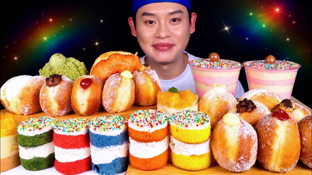 ASMR 미니 무지개 케이크 노티드 미니도넛 컵케이크 먹방~! Rainbow Cakes With Mini Doughnuts Cream Cheese Cup Cake MuKBang~!