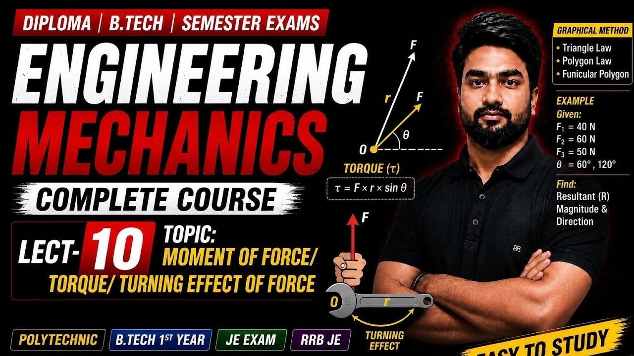 Engineering Mechanics Lect 10 | Moment of Force, Torque & Turning Effect of Force | Poly, B.Tech, JE