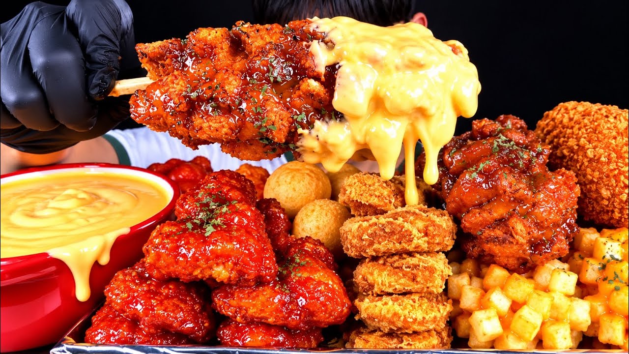 ASMR 불닭치즈퐁듀에 빠진 명랑핫도그 양념치킨 치킨너겟 치즈볼 먹방~!! Cheese Fondue Chicken & Crispy Corn Dog Nuggets MuKBang~!!
