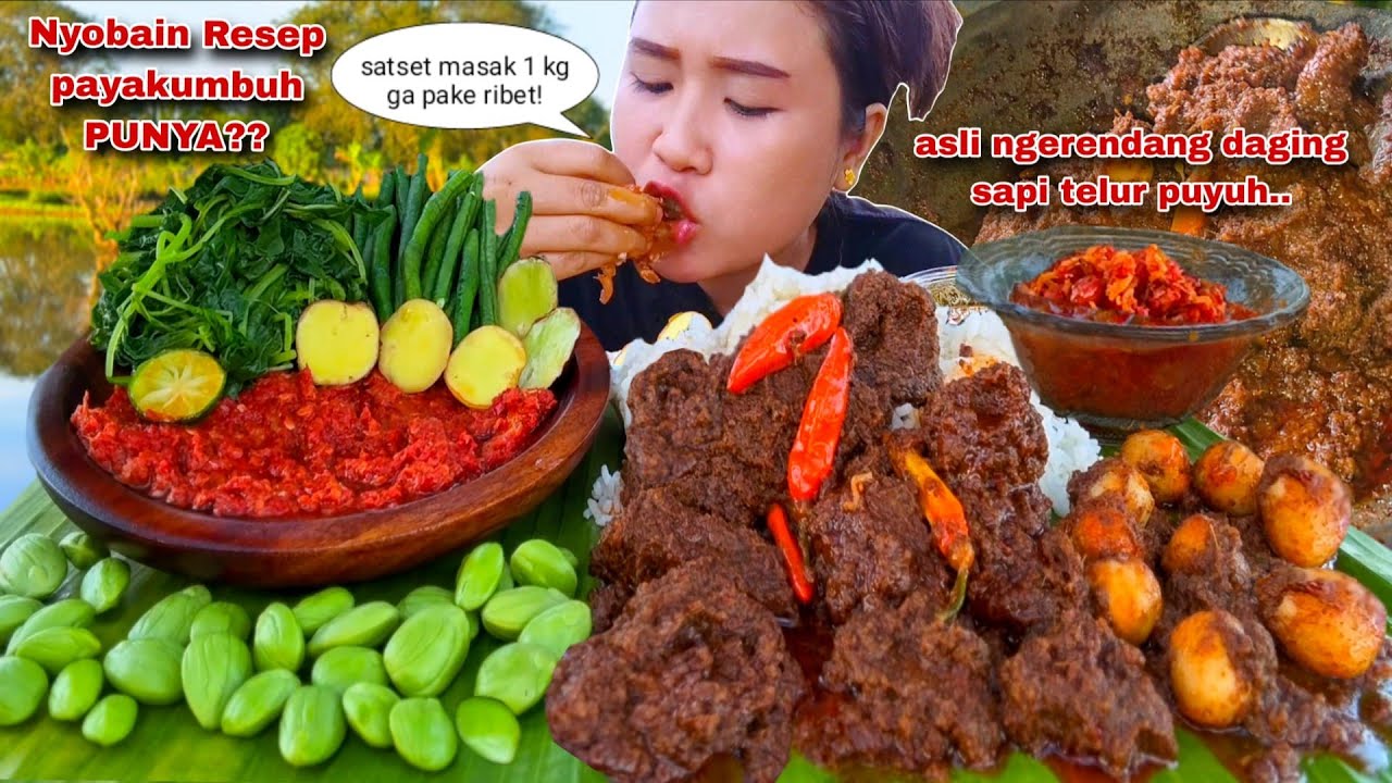 LEZAT MERESAP! RENDANG DAGING SAPI TELUR PUYUH LALAPAN JENGKOL MENTAH CAMPUR PETAI SAMBAL TEMPONG