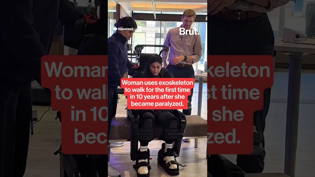 Paralyzed woman walks for the first time in 10 years using exoskeleton.
