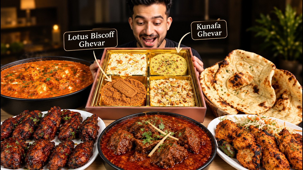 RAJASTHAN'S LAAL MAAS, KHAMIRI NAAN, MUSHROOM TIKA, MURGH WINGS, LOTUS BISCOFF GHEWAR, KUNAFA GHEWAR