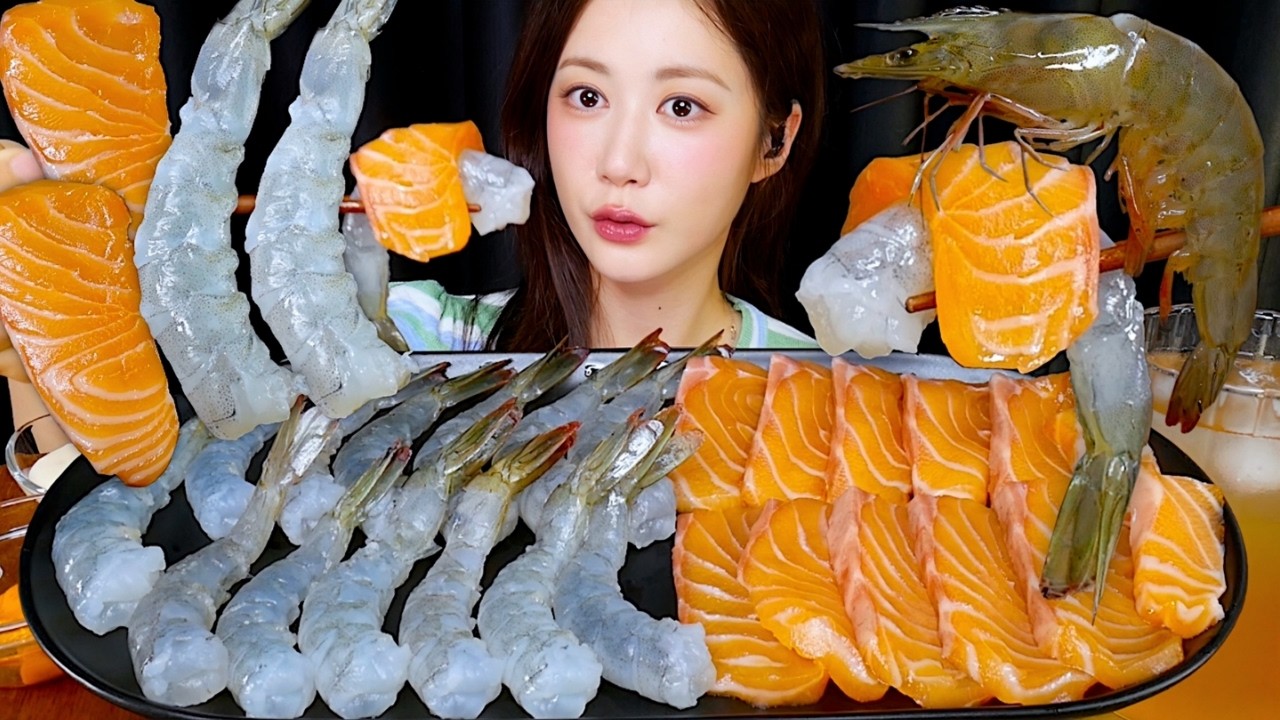 🦐탱글탱글 생새우와 연어의 만남🧡 생새우 먹방 Raw Shrimp + Raw Salmon 生エビ + 生サーモン | Mukbang ASMR