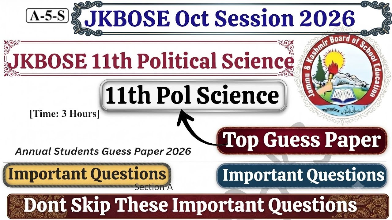 JKBOSE 11th Political Science Guess Paper 2026 | Pol Science Guess Paper Oct 2026 | 11th Guess Paper