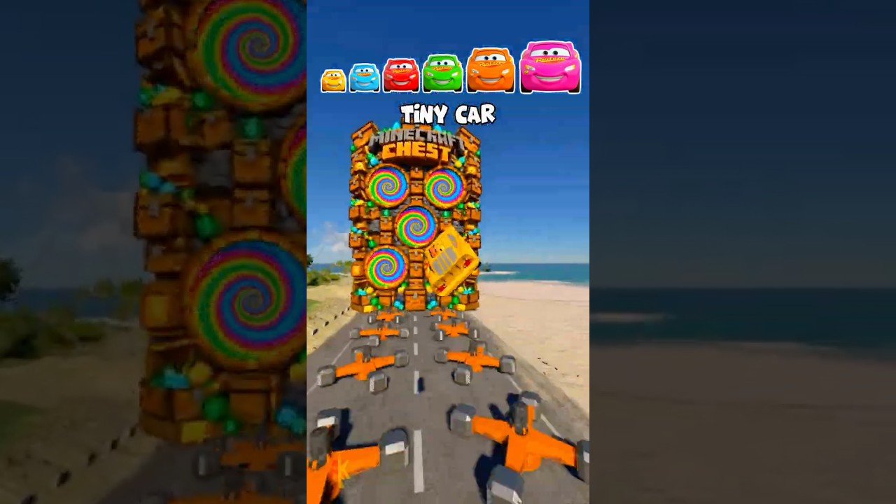 Tiny Car vs Chest Block Tower Wall Portals… and Turns ULTRA HUGE!  #shorts #beamngdrive