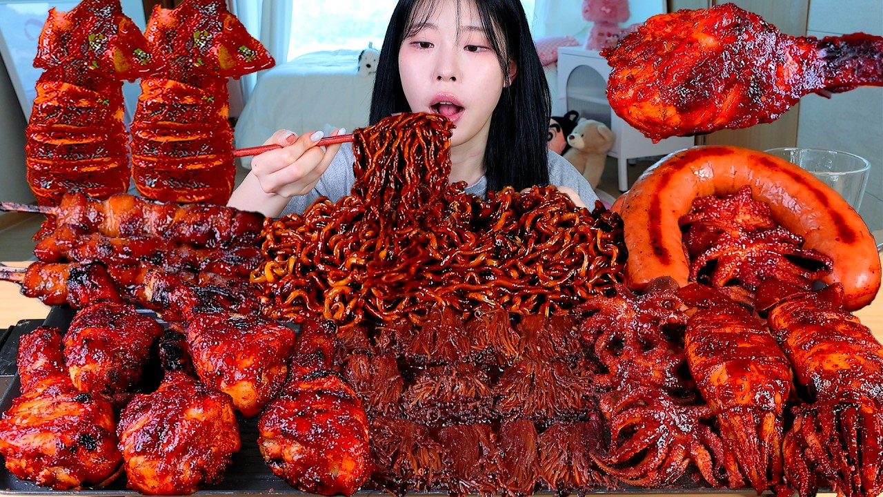 ASMR MUKBANG| 직접 만든 불닭 짜장 버섯 양념치킨 소세지 오징어 먹방 & 레시피 SPICY MUSHROOMS AND FIRE NOODLES EATING