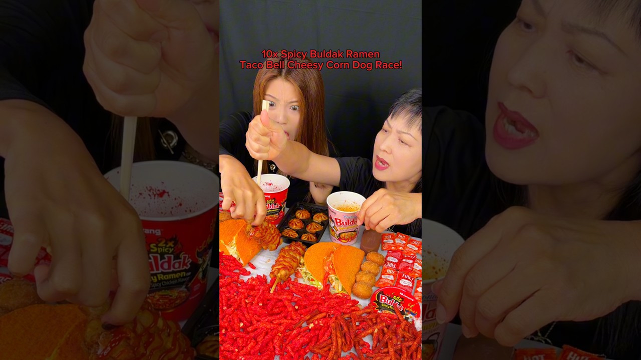 10x spicy buldak ramen Taco Bell corn dogs race eating challenge… #food #eating #mukbang