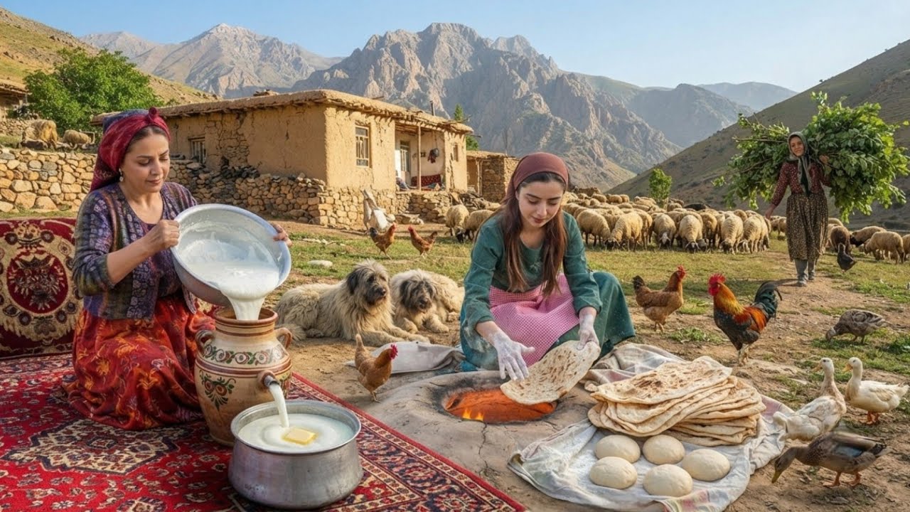 Daily village life in IRAN| cooking lavash bread and making butter for dinner 