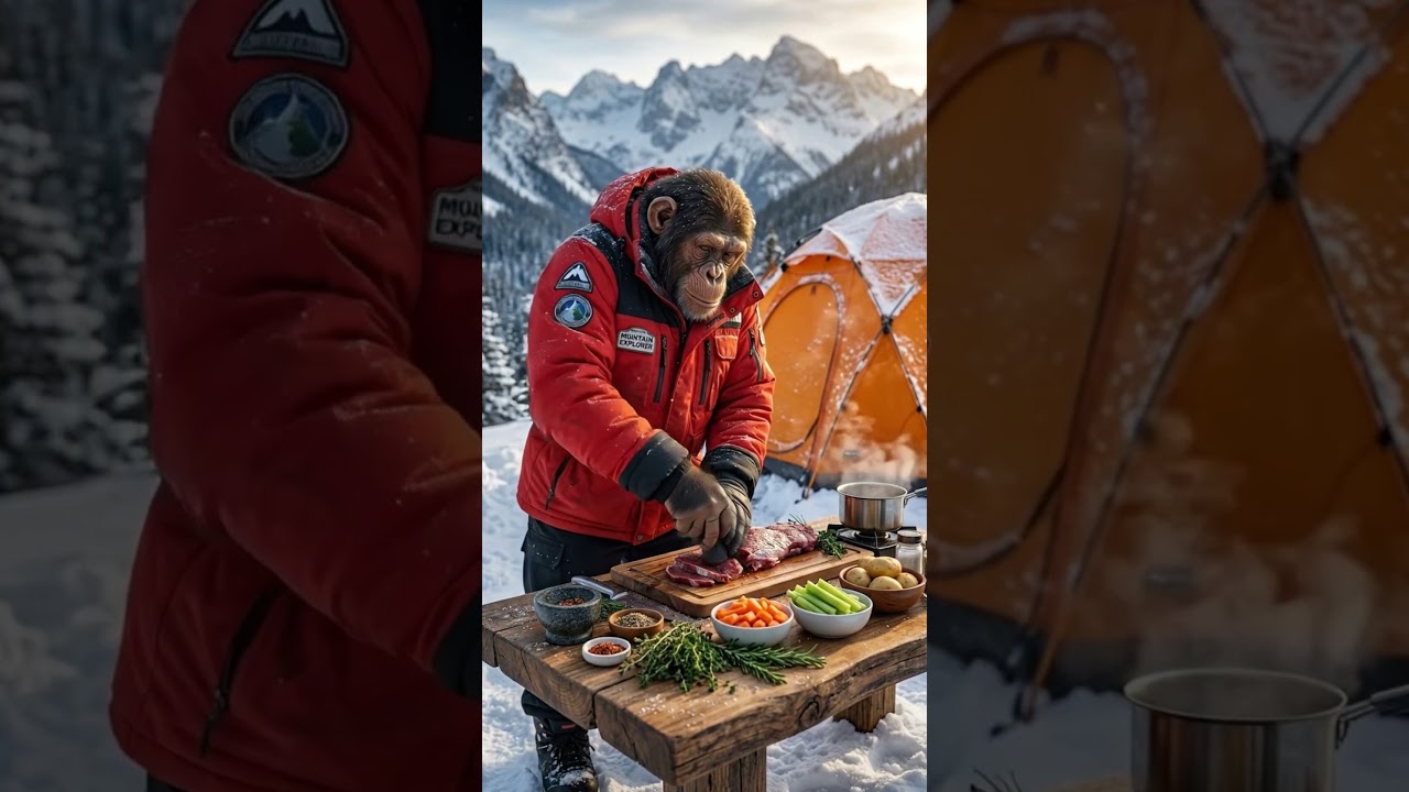 ❄️🐵 King Kong Builds a Cozy Camp During a Snowstorm | Winter Camping & Campfire Cooking