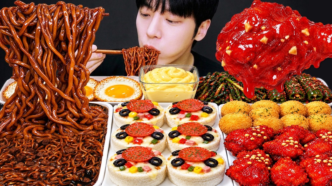 ASMR MUKBANG | 직접 만든 짜파게티 양념치킨 먹방! 피자 설기 만들기 & 레시피 FRIED CHICKEN AND BLACK BEAN NOODLES EATING SOUND