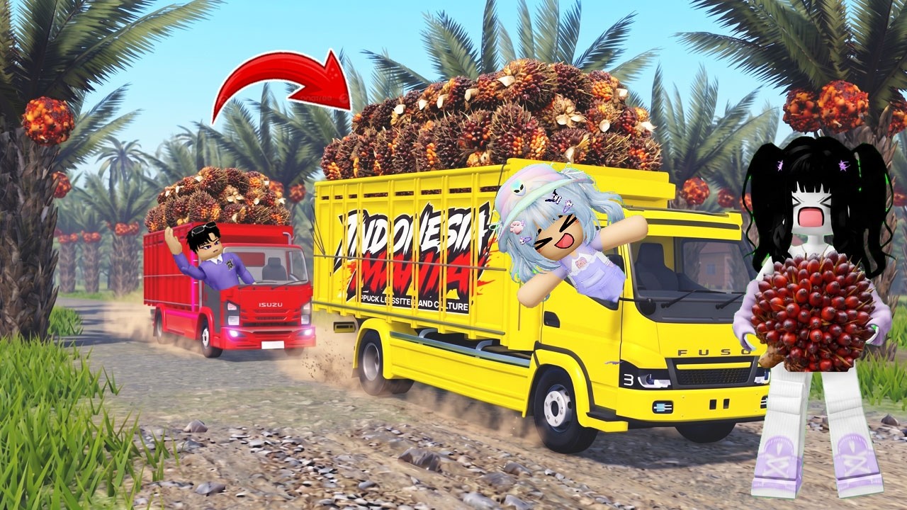 KITA KERJA PANEN KELAPA SAWIT PAKEK TRUK LEWATI JALAN BERLUBANG DAN EKSTREM | ROBLOX
