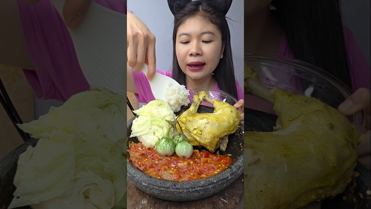 2 paha Ayam Kukus, Kol, Terong dan sambal #mukbang