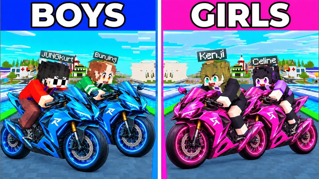 BOYS vs GIRLS: OP MOTORCYCLE Battle in Minecraft!!
