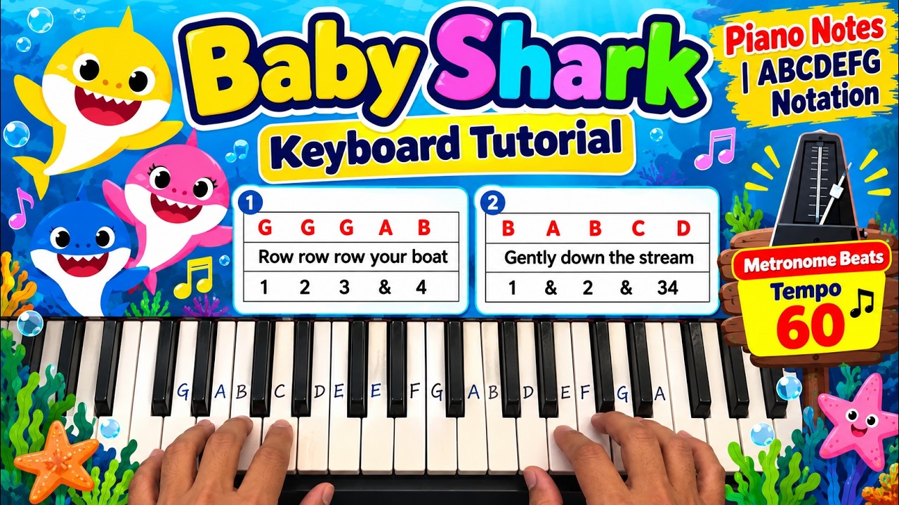 Baby Shark Piano Tutorial 🎹 | ABCDEFG Notes + Metronome Beat | 60 BPM @SHINESMUSIC