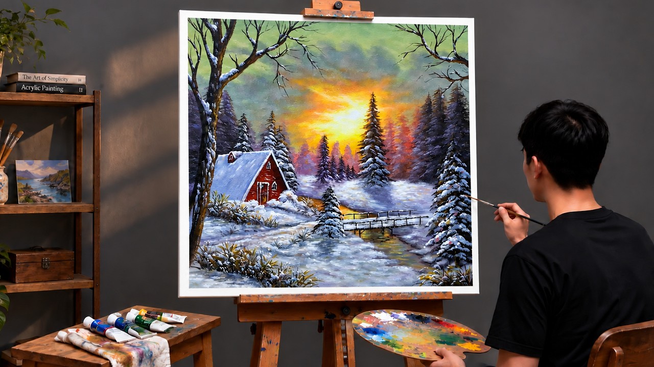 2 HOURS Step by Step Acrylic Painting | Cozy Winter Cabin in a Snowy Forest