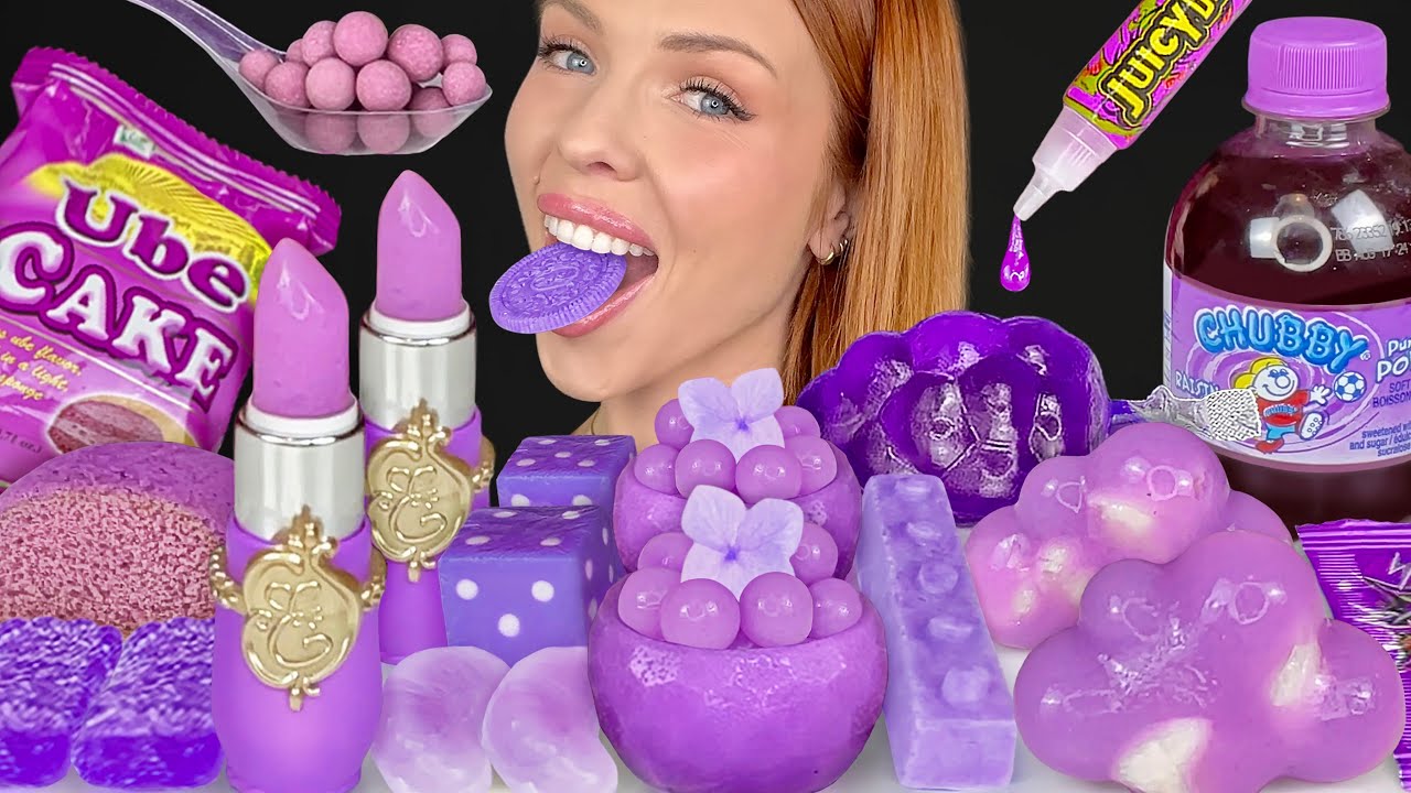 ASMR MUKBANG, Purple Desserts, Ube Cake, Chubby Grape Soda, Edible Dice, Jelly Tube, Kohakutou 먹방