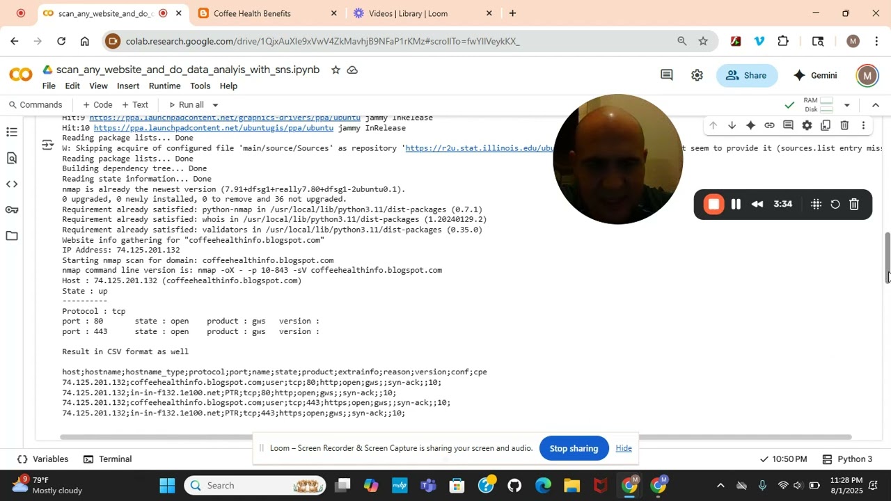 Cybersecurity scanning of any website using nmap framework and Basic Data Analysis.