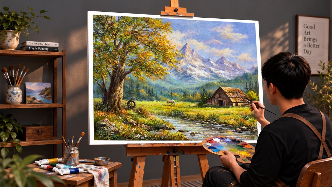 3 HOURS Acrylic Painting Full Step by Step – Beautiful Autumn Mountain Landscape