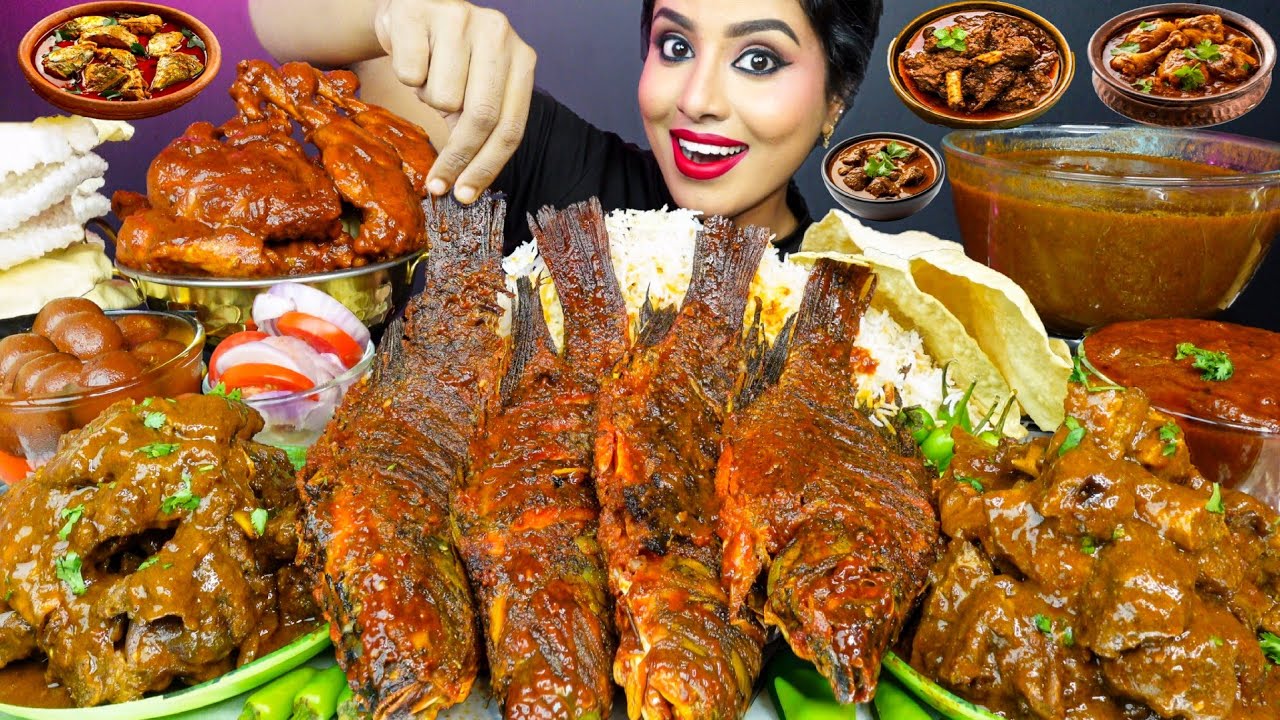 ASMR Eating Spicy Kolhapuri mutton curry,Chicken Rara Curry Masala,Fish Fry,Rice ASMR Eating Mukbang