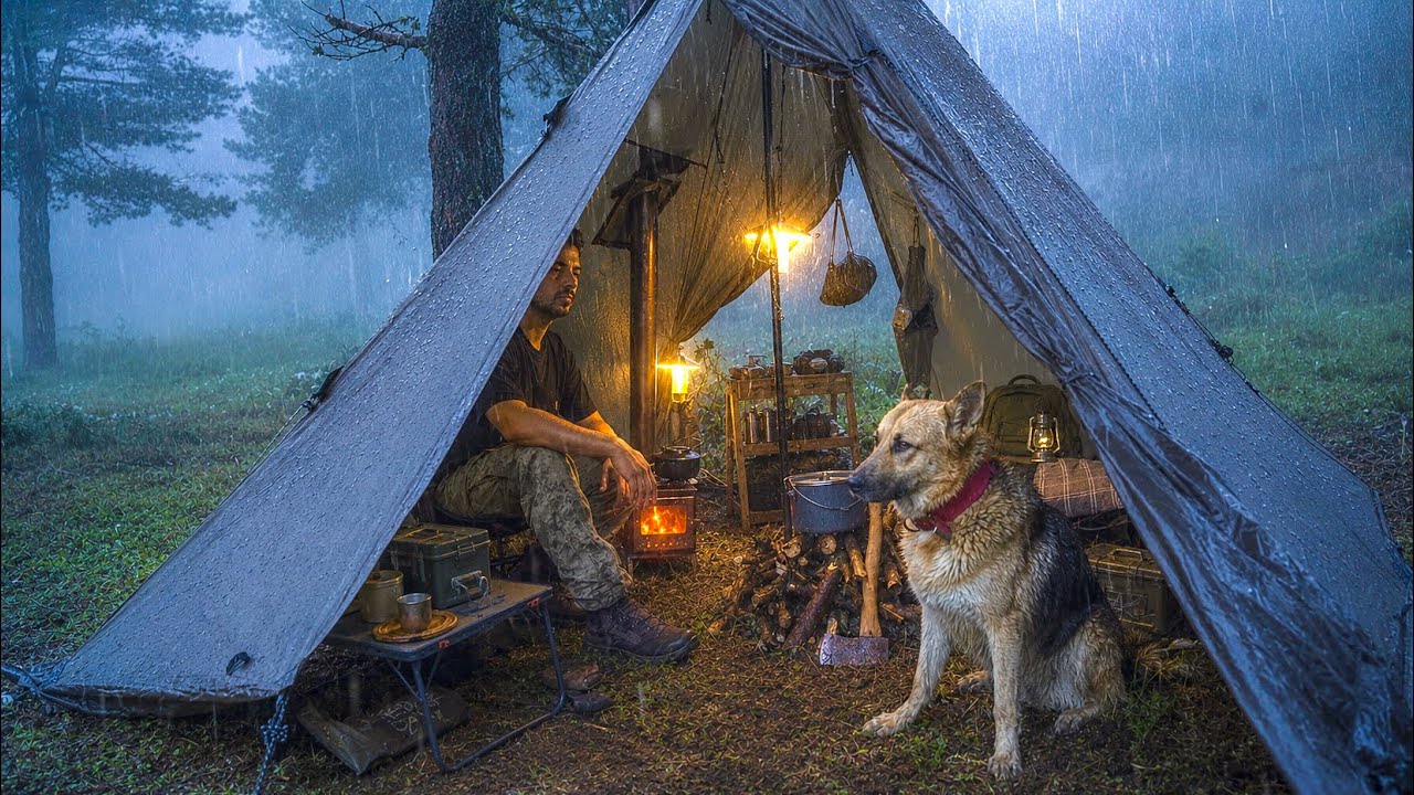 Hot Tent Camping With My Dog in Heavy Rain! – A Wolf Came to Our Camp! 