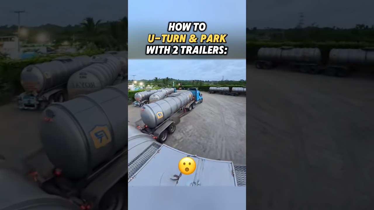 How to u-turn and park a semi truck with two trailers ￼#trucking #truckdriver