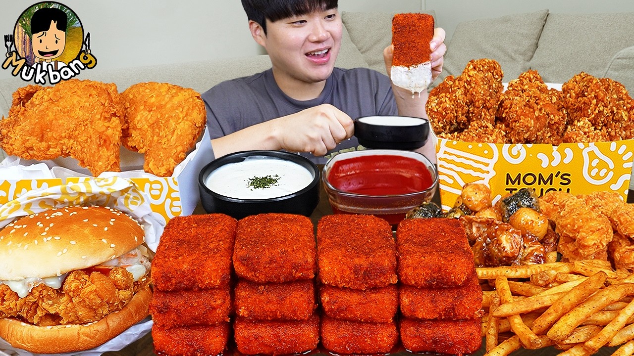 ASMR MUKBANG 맘스터치 양념 치킨먹방! 치즈 햄버거 치즈스틱 후라이드치킨 & 레시피 CRISPY FRIED CHICKEN CHEESE BURGER EATING SOUND!