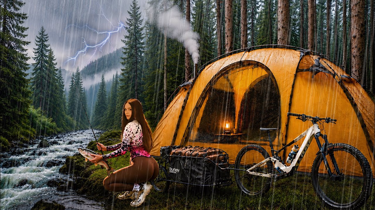 ⛈️ Bike camping in Extreme HEAVY RAIN I Fishing & Catch and Cook in the Wild | ASMR adventure 