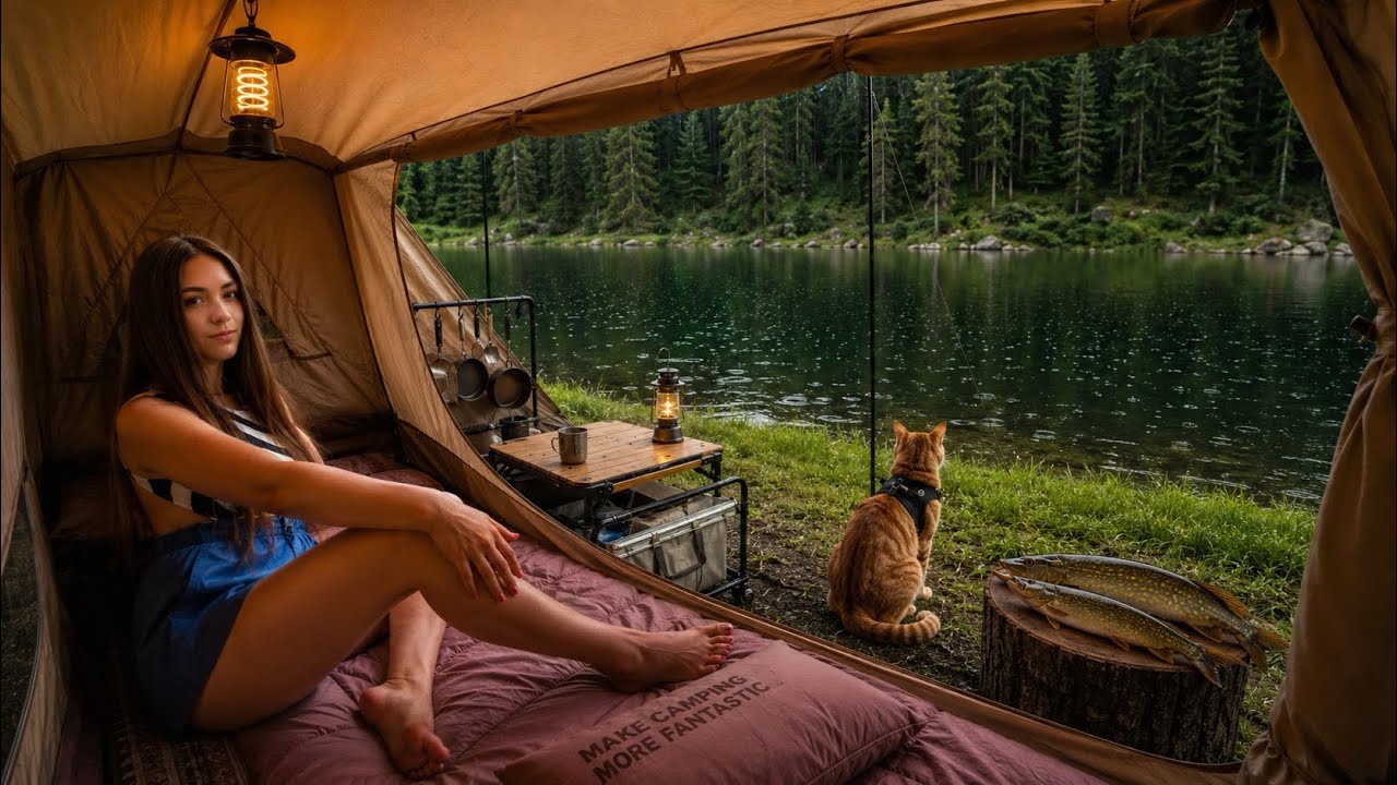 SOLO Camping in HEAVY RAIN at Remote Lake | Catch & Cook Pike and Forest Mushrooms | Wild ASMR