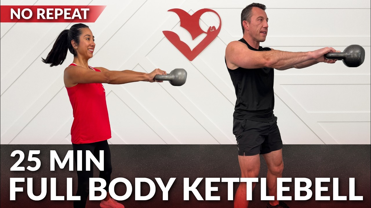 25 Min Full Body Kettlebell Workout - No Repeat HIIT Kettlebell Workout for Women & Men Fat Loss