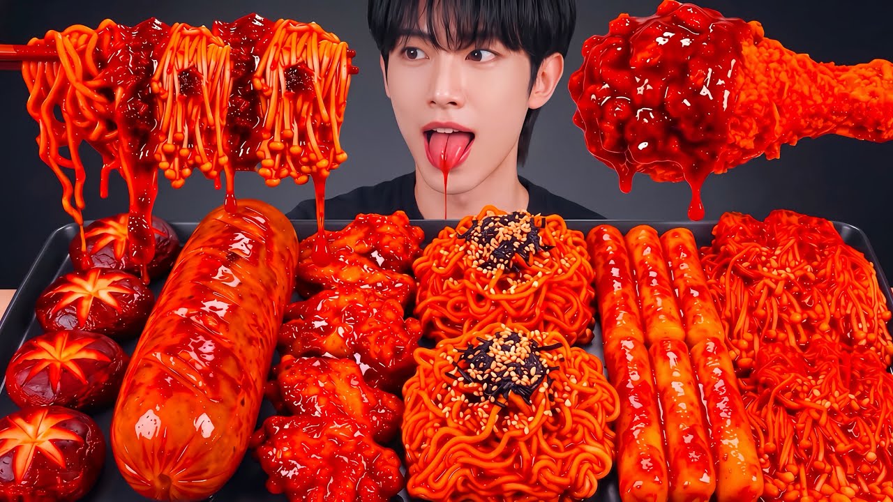 ASMR MUKBANG 불닭 짜장 버섯 소세지 떡볶이 핵불닭 양념 치킨먹방! FRIED CHICKEN AND BLACK BEAN FIRE NOODLES EATING SOUND!