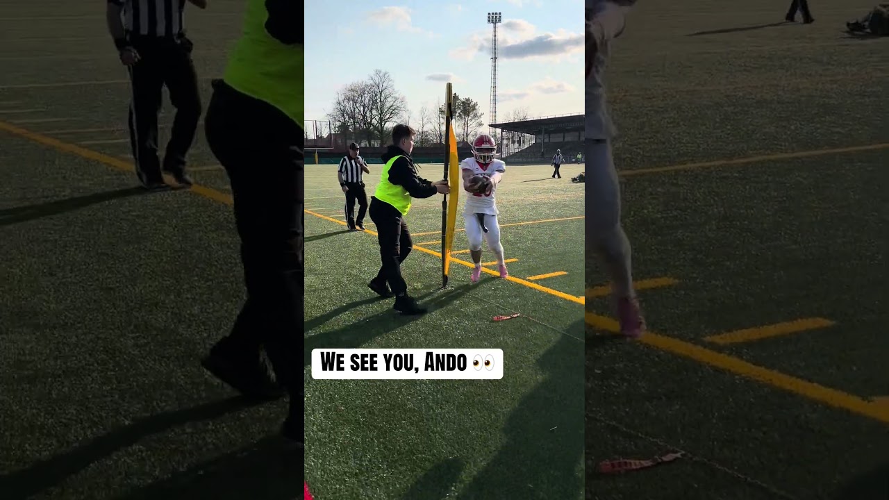 Liege Monarchs QB Ando Insalaco escaping the defense, scaring the chain guy and kindly saying hello