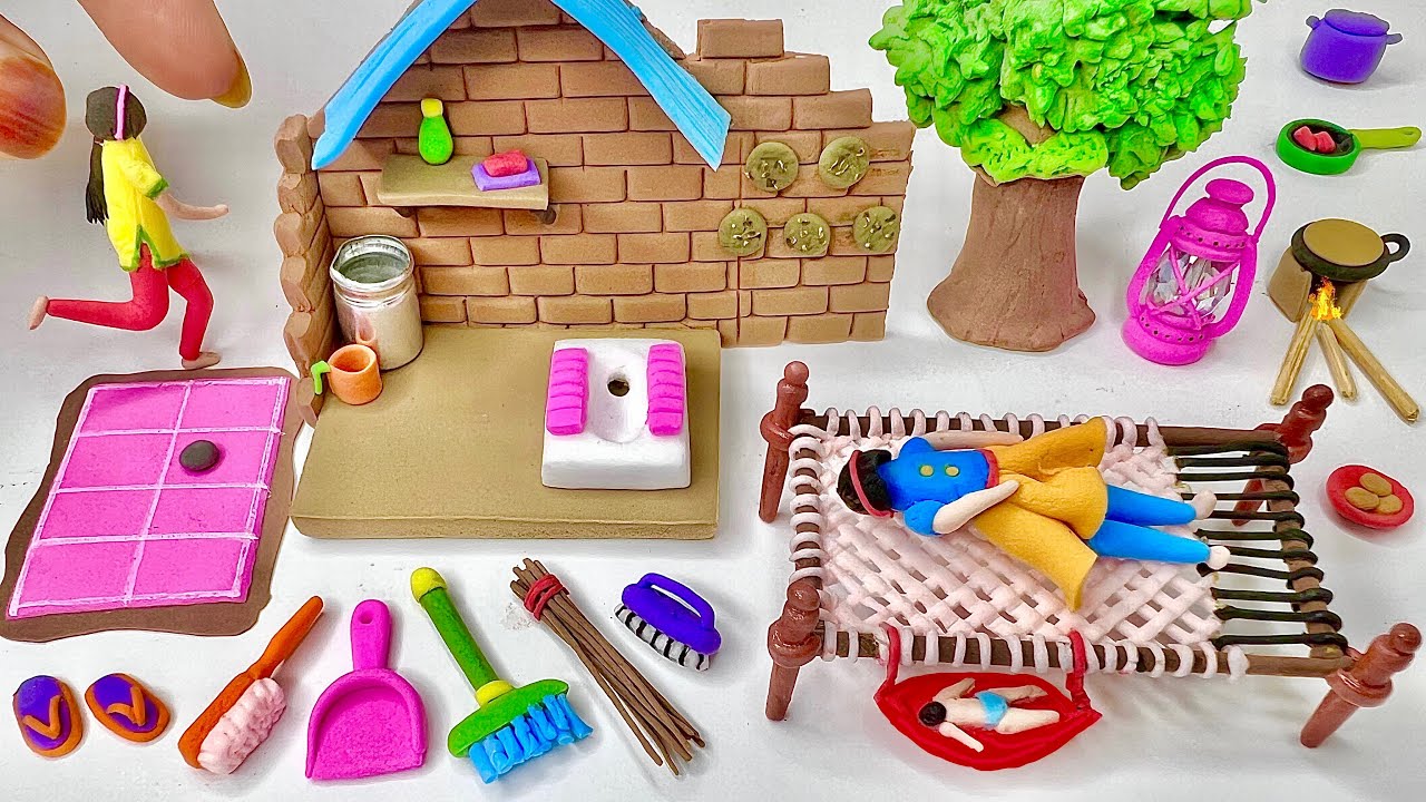 DIY How to make polymer clay miniature Village House, Washroom Set, Kitchen Set,Tree,Charpai lantern