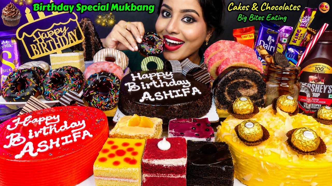 Birthday Special Eating Chocolate Cake,Choco Truffle,Strawberry Ice Cream Cake ASMR Eating Mukbang