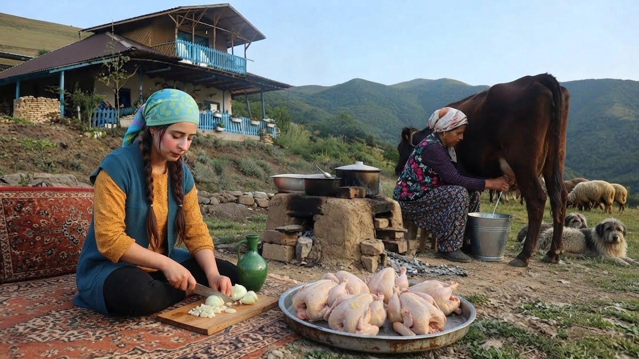 IRAN village life; Cooking bread and chickens with Vegetable 
