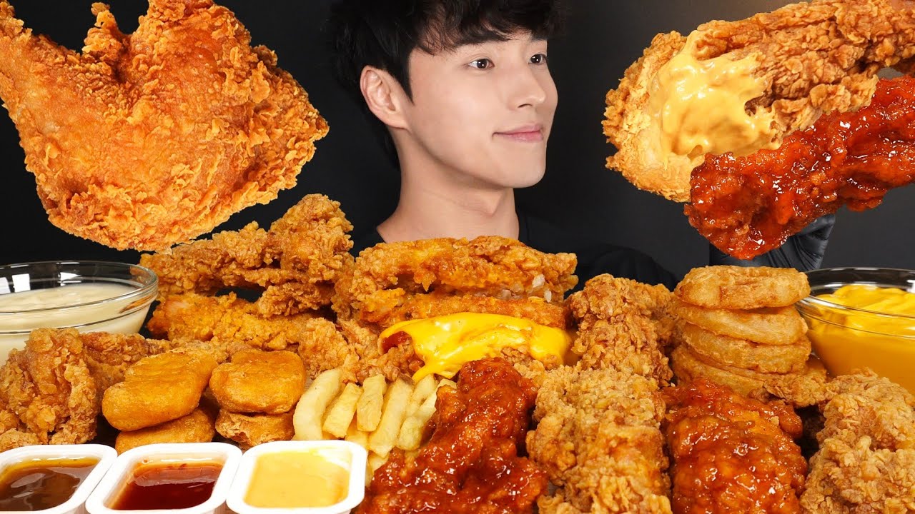 ASMR MUKBANG KFC FRIED CHICKEN & ZINGER DOUBLE DOWN BURGER & ONION RINGS & NUGGETS & FRENCH FRIES
