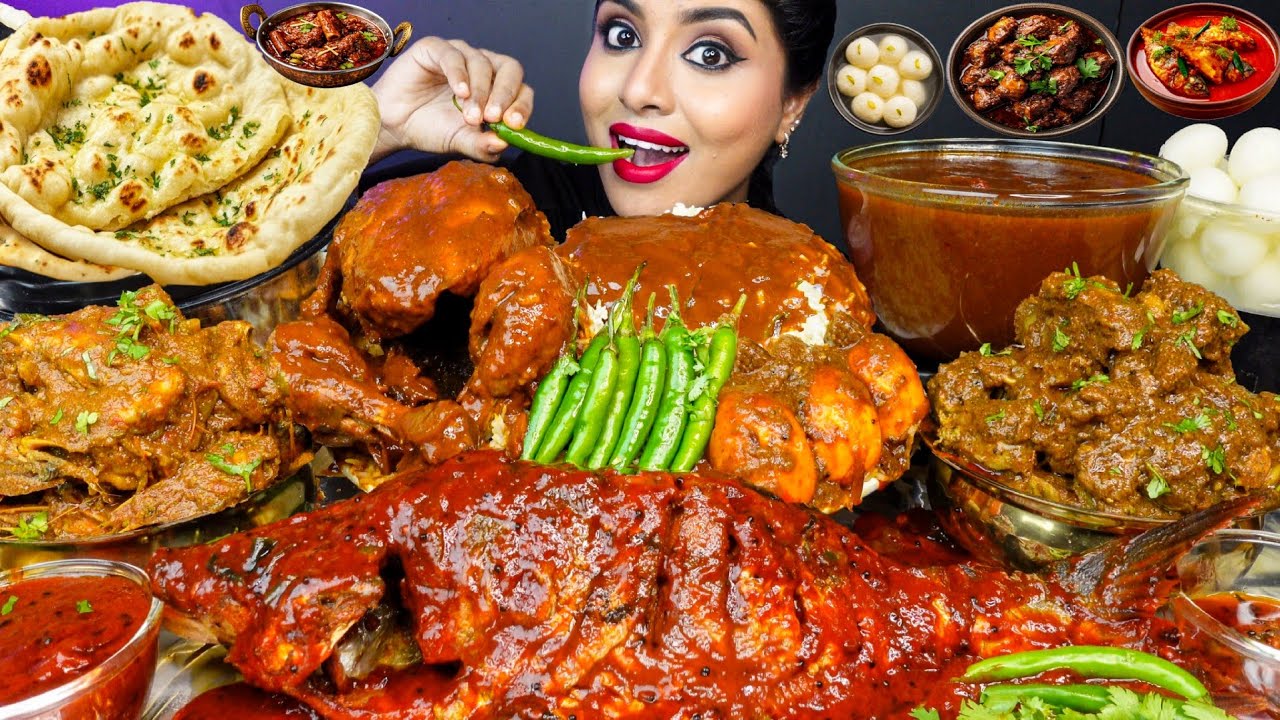 ASMR Eating Spicy Prawn Masala,Mutton Bhuna,Kashmiri Chicken Curry,Fish Fry,Rice ASMR Eating Mukbang