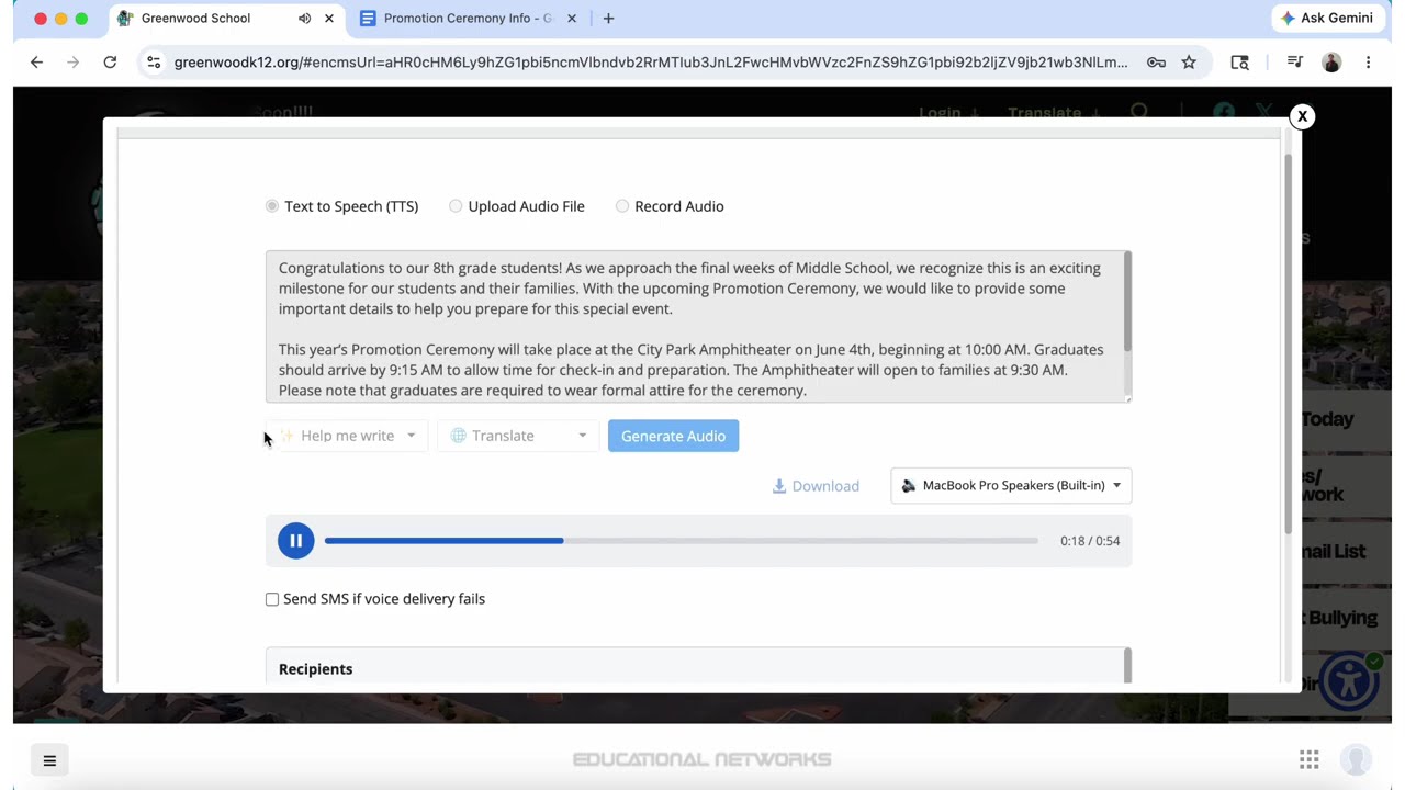 Sending Voice Calls: Text to Voice-Educational Networks's new Communication Suite.