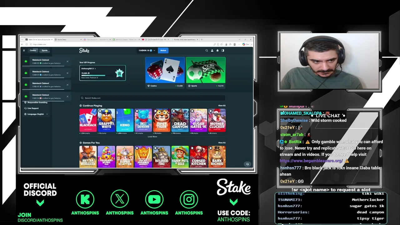Only on stake bonus hunt and giveaways. !stake 500$ cad lb + affiliate stream each Sunday open ticket in discord for more information