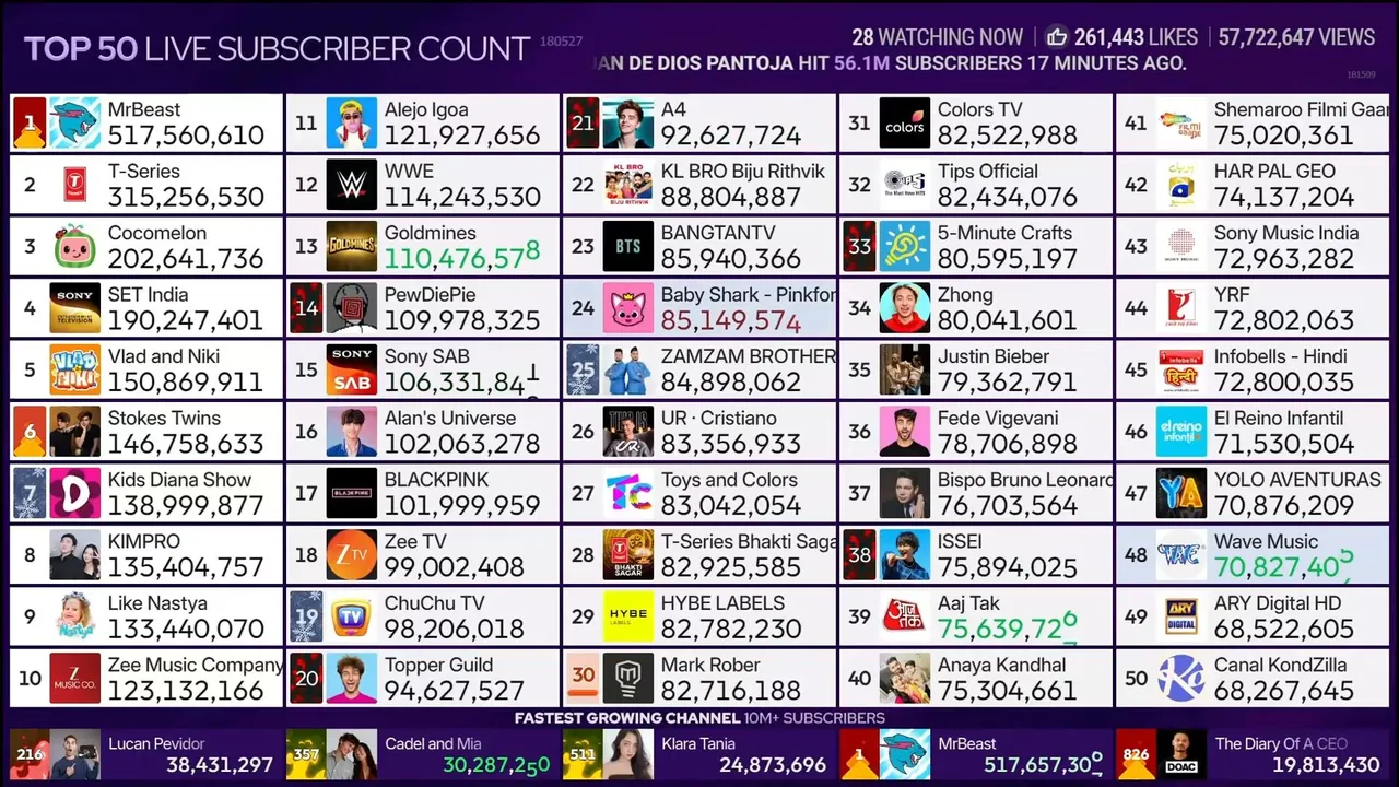 Top 50 live subscriber count