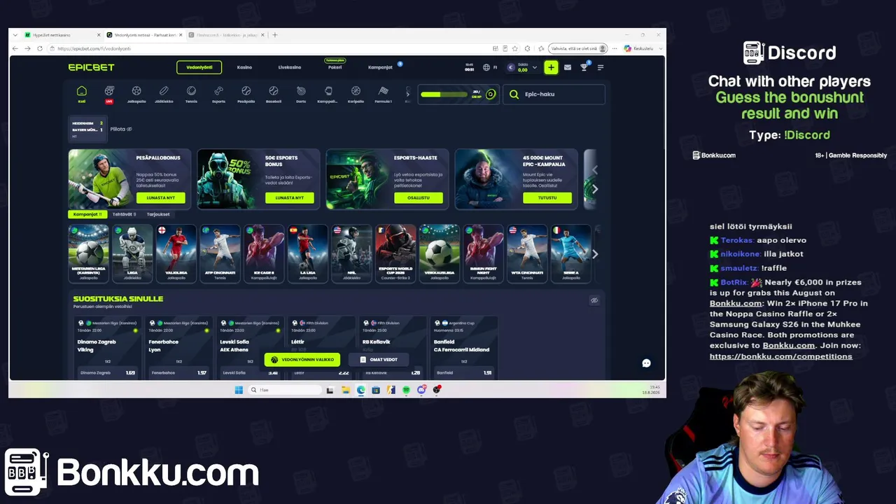 😎 18+ ROLLING OWN DEPO  | 10€ MEGASPIN WITH 1€ DEPOSIT !NOPPA 🎲  | 2x 📲 COMPETITONS -> !RAFFLE 🔥 | !MUHKEE & !TITAANI 🔱 | Bonkku.com