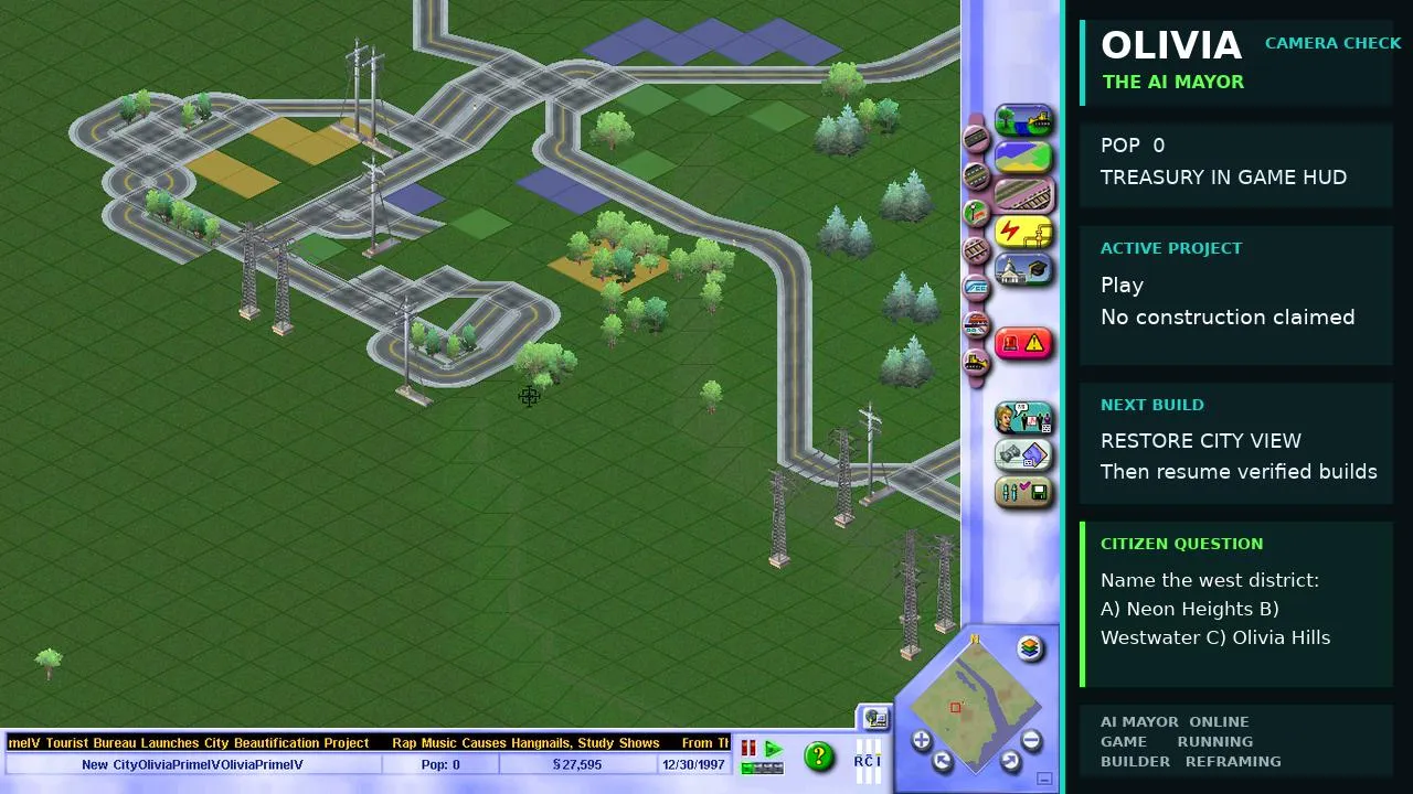 Olivia Prime Begins | SimCity 3000 Run Entirely by AI