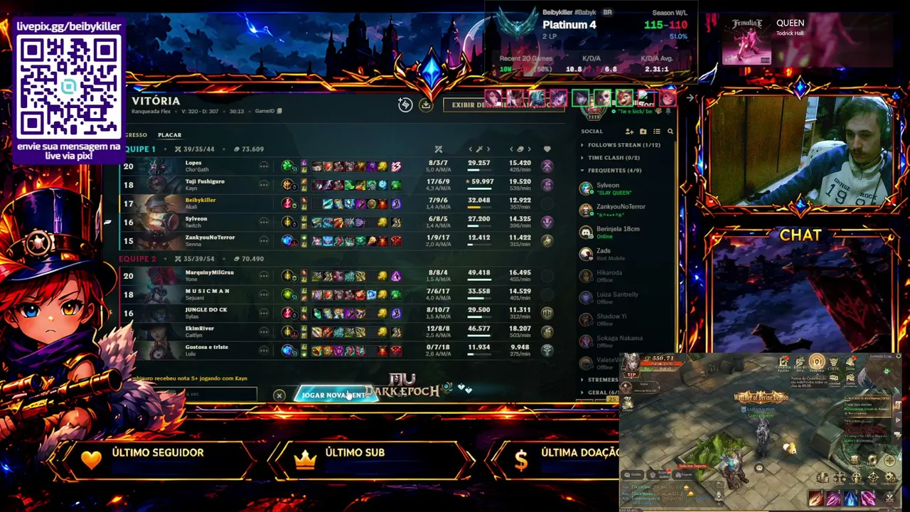 Cullen 
Platina enferrujado lolzinho - Soloq - ARANZINHO - Flex
https://livepix.gg/beibykiller